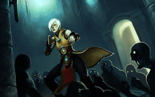 Обои на рабочий стол Девушка-монах / Monk сражается с толпой зомби, арт к игре Diablo 3