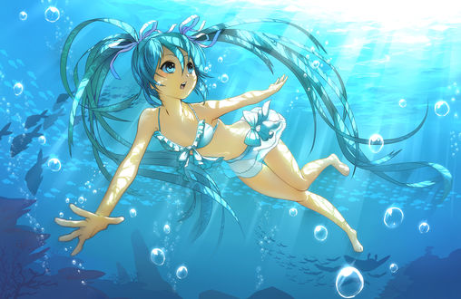 Обои на рабочий стол Vocaloid Hatsune Miku / Вокалоид Хатсуне Мику под водой, art by rkp
