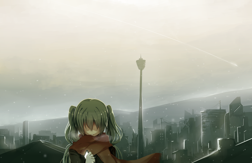 Обои на рабочий стол Vocaloid Hatsune Miku / Вокалоид Хатсуне Мику под водой на фоне города под падающим снегом, art by hews