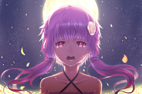 Обои на рабочий стол Плачущая Вокалоид Юзуки Юкари / Vocaloid Yuzuki Yukari на фоне звездного неба и луны