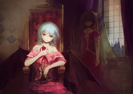 Обои на рабочий стол Remilia Scarlet / Ремилия Скарлет и Фландр Скарлет / Flandre Scarlet из игры Проект Восток / Touhou Project, art by jq (artist)