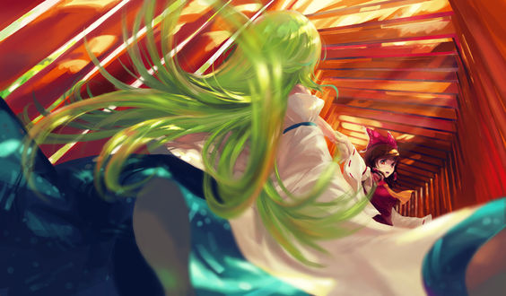 Обои на рабочий стол Reimu Hakurei / Рейму Хакурей и Kochiya Sanae / Санаэ Кочия из игры Проект Восток / Touhou Project, art by jq (artist)