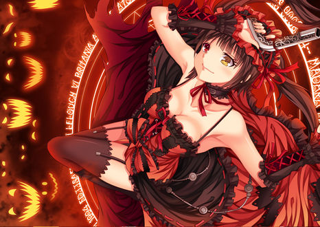 Обои на рабочий стол Kurumi Tokisaki / Куруми Токисаки с пистолетом в руке лежит на магическом круге, из аниме Date A Live / Рандеву с жизнью, художник roland-gin