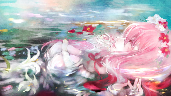 Обои на рабочий стол Плачущая Vocaloid Megurine Luka / Вокалоид Мегурине Лука лежит в воде среди цветов, art by miqrin