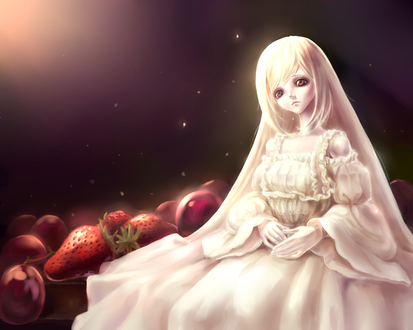 Обои на рабочий стол Светловолосая девушка-кукла сидит среди ягод, art by grape. mk-233