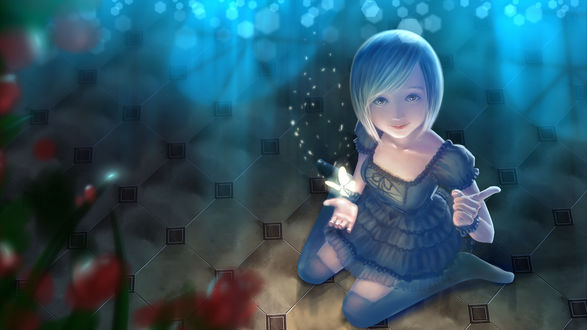 Обои на рабочий стол Над рукой девочки парит бабочка, art by nayuxia