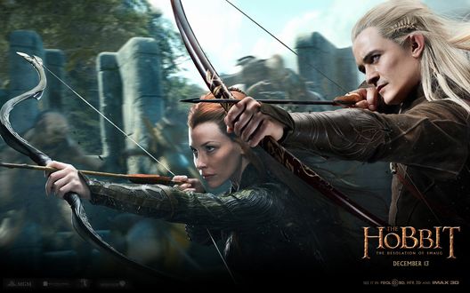 Обои на рабочий стол Фильм Хоббит Пустошь Смауга / The Hobbit The Desolation of Smaug, персонажи Леголас и Тауриэль с луками (december 13)
