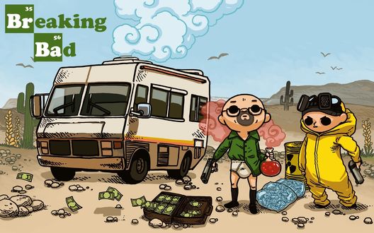 Обои на рабочий стол Арт на сериал Во все тяжкие / Breaking bad, главные персонажи Уолтер Уайт, которого сыграл Брайан Крэнстон / Bryan Lee Cranston и Джесси Пинкман, которого сыграл Аарон Пол / Aaron Paul в пустыне варят метамфетамин, рядом стоит микроавтобус