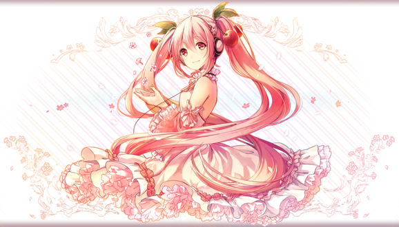 Обои на рабочий стол Vocaloid Miku Hatsune / Вокалоид Мику Хатсуне в наушниках с ягодами вишни в волосах
