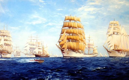 Обои на рабочий стол Парусники в море на фоне голубого неба