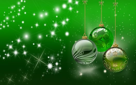 Обои на рабочий стол Зеленые новогодние шары на зеленом фоне с бликами,  обои для рабочего стола, скачать обои, обои бесплатно