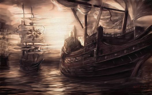 Обои на рабочий стол Корабли в море на фоне неба