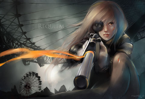 Обои на рабочий стол Девущка целится из винтовки, art by sheer-madness (REQUIEM)