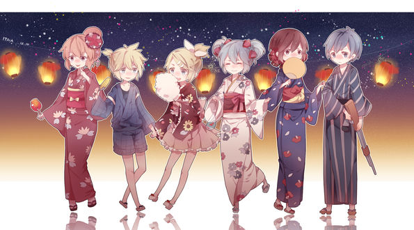 Обои на рабочий стол Vocaloid Hatsune Miku / Вокалоид Хатцуне Мику, Kagamine Len / Кагамине Лен, Kagamine Rin / Кагамине Рин, KAITO Shion / Кайто Шион, Megurine Luka / Мегурине Люка и MEIKO / Мейко в кимоно, art by Itsia