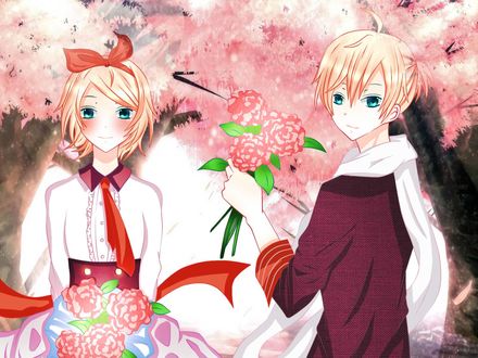 Обои на рабочий стол Vocaloid Kagamine Len / Вокалоид Кагамине Лен и Vocaloid Kagamine Rin / Вокалоид Кагамине Рин с цветами в руках