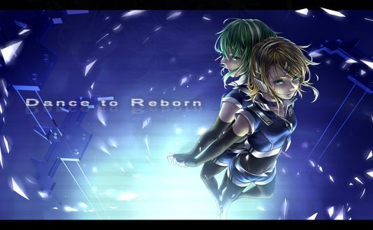 Обои на рабочий стол Vocaloid GUMI / Вокалоид Гуми и Vocaloid Kagamine Rin / Вокалоид Кагамине Рин, art by Hinase Kanoto (Dance To Reborn)
