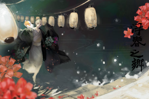 Обои на рабочий стол Natsume Takashi / Такаси Нацумэ и Nyanko-sensei / Нянко-сенсей из аниме Natsume’s Book of Friends / Natsume Yuujinchou / Тетрадь дружбы Нацумэ