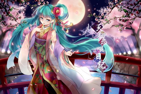 Обои на рабочий стол Vocaloid Hatsune Miku / Вокалоид Хатсуне Мику стоит на мосту над рекой на фоне полной луны и цветущей сакуры, art by Nou