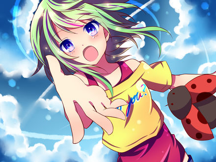 Обои на рабочий стол Vocaloid GUMI / Вокалоид Гуми протягивает руку на фоне голубого неба, art by Urara (Sumairuclover)