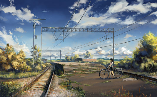 Обои на рабочий стол Девушка с велосипедом стоит между рельсами, art by naoki yukira