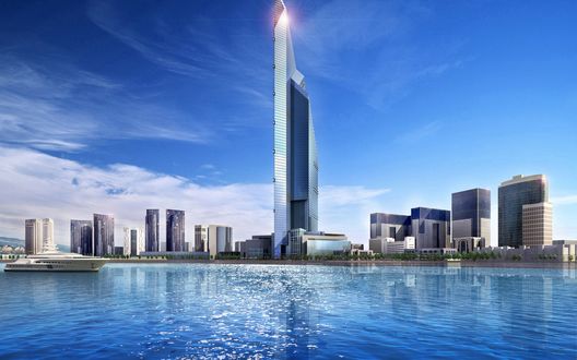 Обои на рабочий стол Вид с воды на небоскребы, Дубай, Арабские Эмираты / Dubai, United Arab Emirates