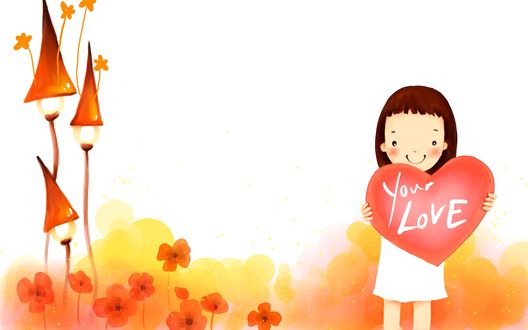 Обои на рабочий стол Девочка держит в руках сердце с надписью Your Love / Твоя любовь