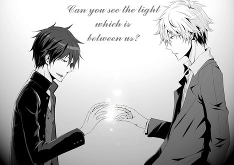 Обои на рабочий стол Orihara Izaya / Орихара Изая и Heiwajima Shizuo / Хейваджима Шизуо из манги Durarara / Дюрарара, art by CK (Can you the light which is between us?/Можешь ли ты быть светом, который между нами?)