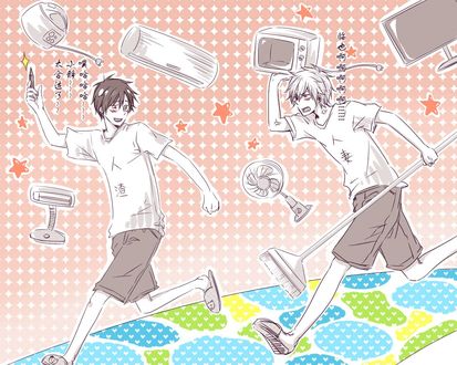Обои на рабочий стол Heiwajima Shizuo / Хейваджима Шизуо бежит за Orihara Izaya / Орихара Изая и кидается в него вещами, аниме Durarara / Дюрарара, art by CK