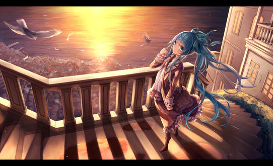 Обои на рабочий стол Vocaloid Hatsune Miku / Вокалоид Хатсуне Мику, стоит на балконе дома