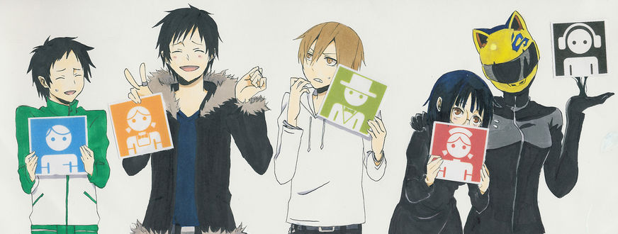 Обои на рабочий стол Kida Masaomi / Кида Масаоми, Orihara Izaya / Орихара Изая, Ryuugamine Mikado / Рюгамине Микадо, Sonohara Anri / Сонохара Анри, Sturluson Celty / Стурлусон Селти из аниме Durarara / DRRR / Дюрарара
