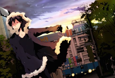 Обои на рабочий стол Orihara Izaya / Орихара Изая с телефоном в руке из аниме Durarara / DRRR / Дюрарара, art by Sinba