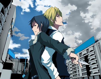 Обои на рабочий стол Heiwajima Shizuo / Хейваджима Шизуо и Orihara Izaya / Орихара Изая из аниме Durarara / DRRR / Дюрарара, Art by Sinba