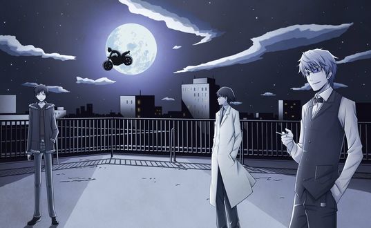 Обои на рабочий стол Heiwajima Shizuo / Хейваджима Шизуо, Kishitani Shinra / Кишитани Шинра, Orihara Izaya / Орихара Изая, Sturluson Celty / Стурлусон Селти из аниме Durarara / DRRR / Дюрарара
