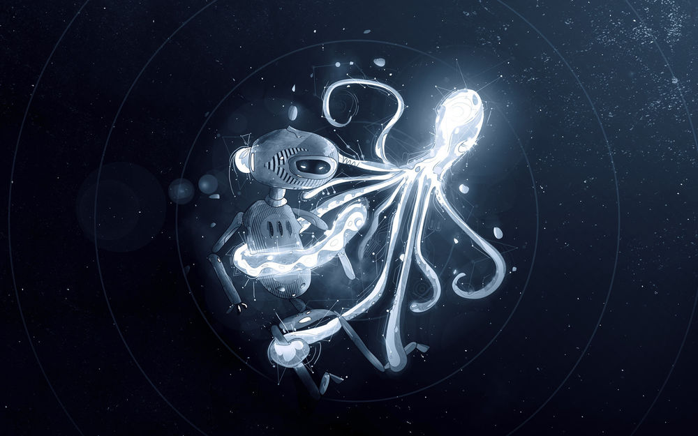 Обои для рабочего стола Святящийся осьминог пытается подружиться с роботом в подводном царстве