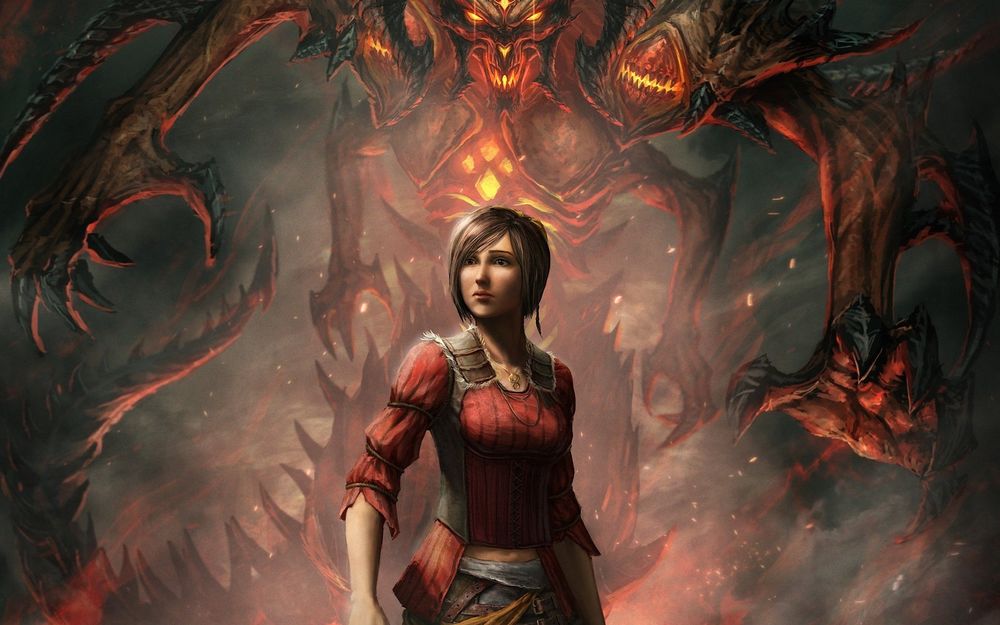 Обои для рабочего стола Лия / Leah, позади которой стоит демон, арт к игре Diablo 3