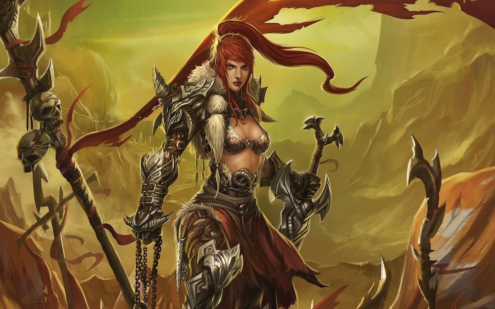 Обои для рабочего стола Red Sonja / Рыжая Соня c оружием в руках, арт к игре Diablo 3 от LeeJJ