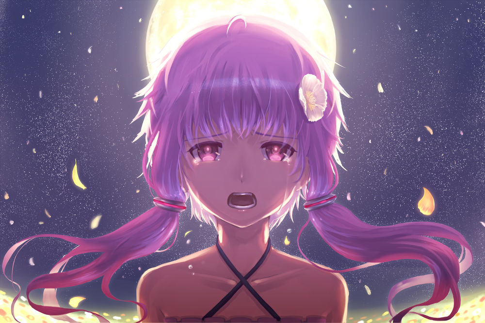 Обои для рабочего стола Плачущая Вокалоид Юзуки Юкари / Vocaloid Yuzuki Yukari на фоне звездного неба и луны