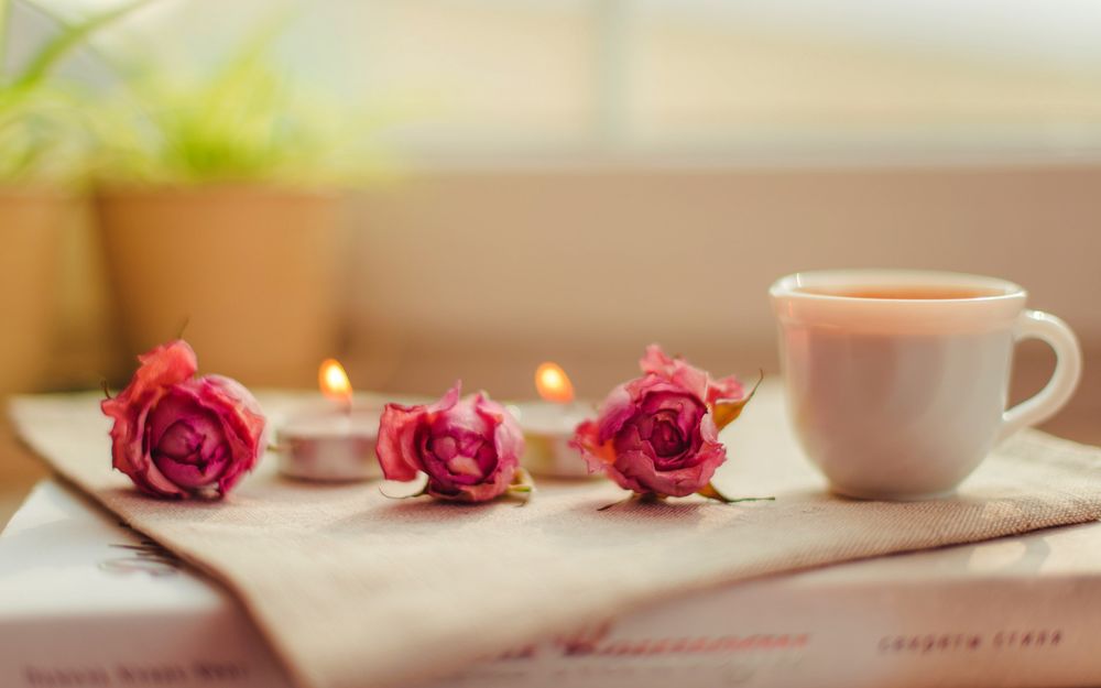 Обои для рабочего стола Три розовые розы и чашка чая, рядом с которой горят маленькие свечи