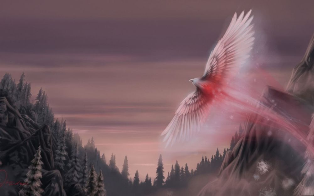 Обои для рабочего стола Розовый феникс летит над горами и лесами, арт oliverford