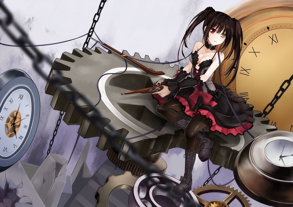 Обои для рабочего стола Kurumi Tokisaki / Куруми Токисаки сидит на огромной шестеренке с пистолетом в руке, из аниме Date A Live / Рандеву с жизнью, художник qiuzhi huiyi