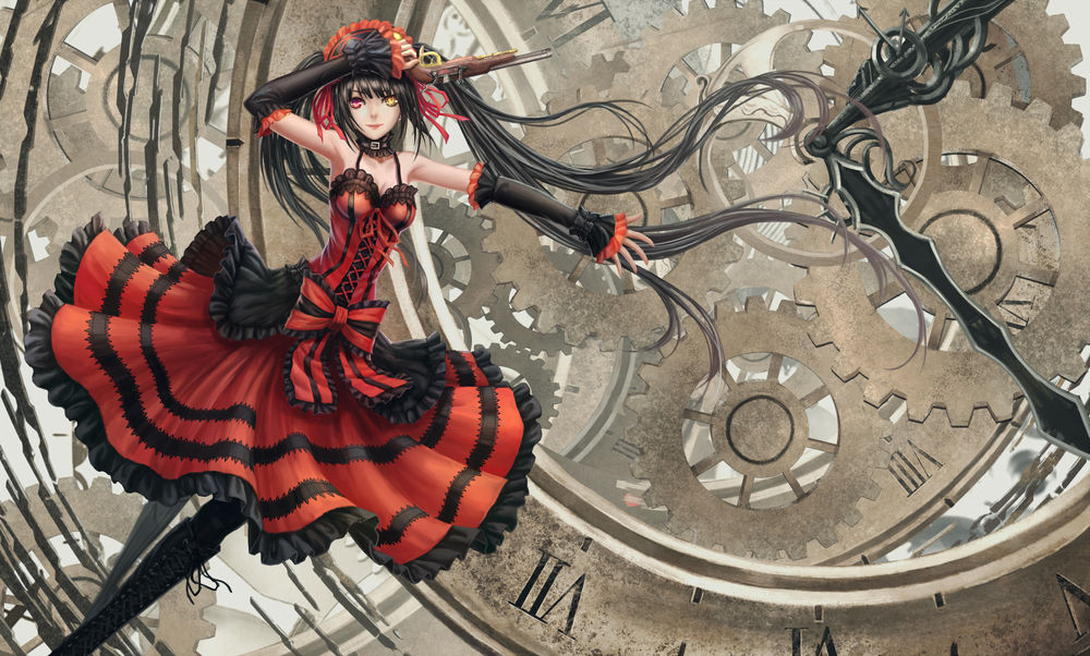 Обои для рабочего стола Kurumi Tokisaki / Куруми Токисаки с пистолетом в руке на фоне циферблата часов и шестеренок, из аниме Date A Live / Рандеву с жизнью, художник zhouran