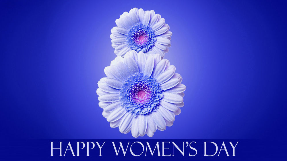 Обои для рабочего стола Два цветка герберы, в виде восьмерки на синем фоне (Happy womens day / Счастливого женского дня)