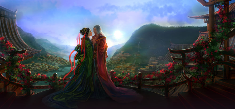 Обои для рабочего стола Эльфы обнимаются на фоне облачного неба, art by anndr