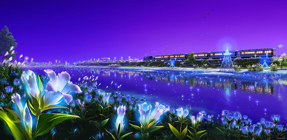 Обои для рабочего стола На берегу реки растут светящиеся цветы, а на другой стороне виден проезжающий поезд, над ним в небе летит стая птиц, художник Kagaya