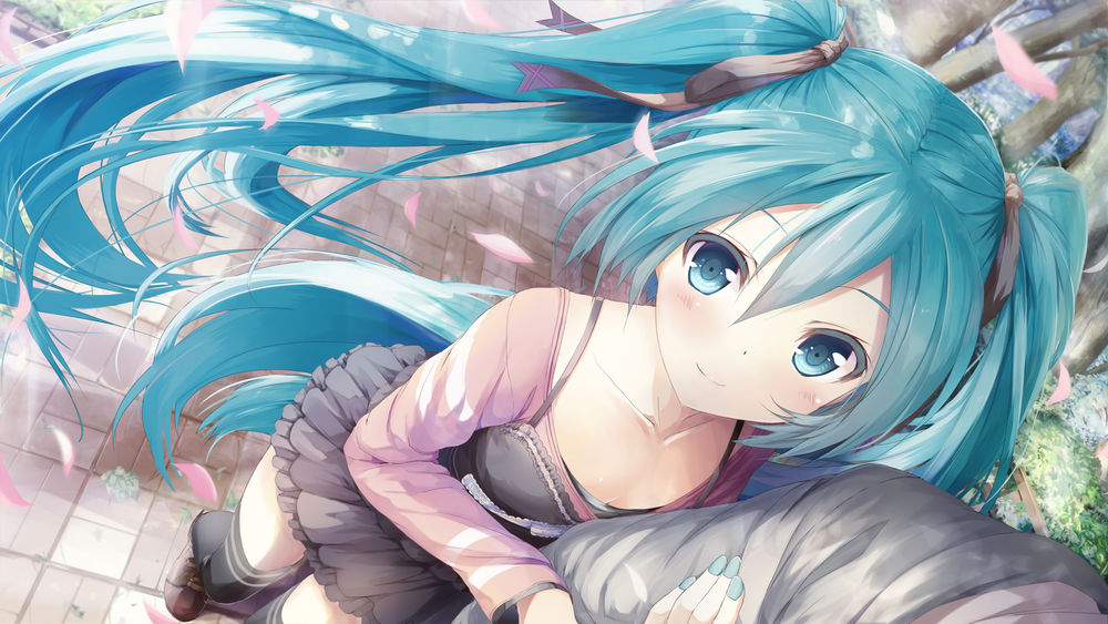 Обои для рабочего стола Vocaloid Hatsune Miku / Вокалоид Хатсунэ Мику идет по улице прижавшись к руке парня, на улице падают розовые лепестки сакуры, художник Daidou (Demitasse)