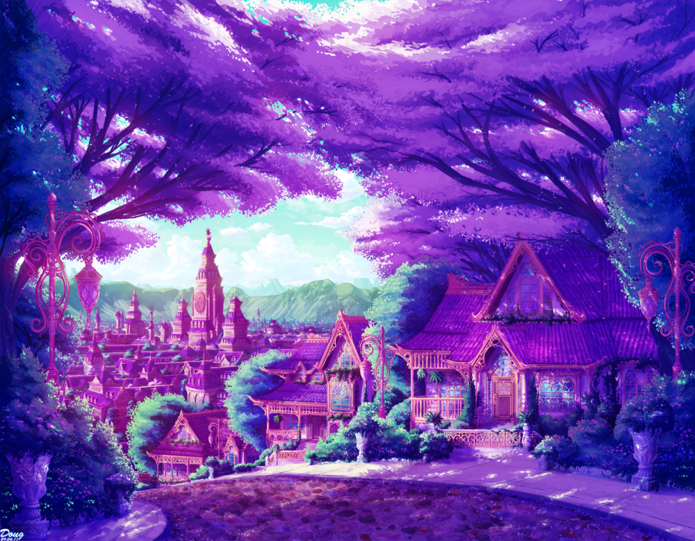 Обои для рабочего стола Город в окружение цветущих деревьев, art by 6doug9
