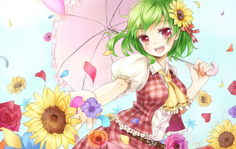 Обои для рабочего стола Kazami Yuuka / Казами Юка с зонтом и цветами из игры Touhou Project / Проект Восток, art by Shironeko Yuuki