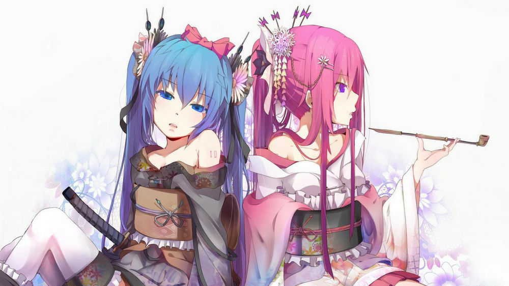 Обои для рабочего стола Вокалойды Хацунэ Мику / Hatsune Miku и Мегурине Лука / Megurine Luka в кимоно