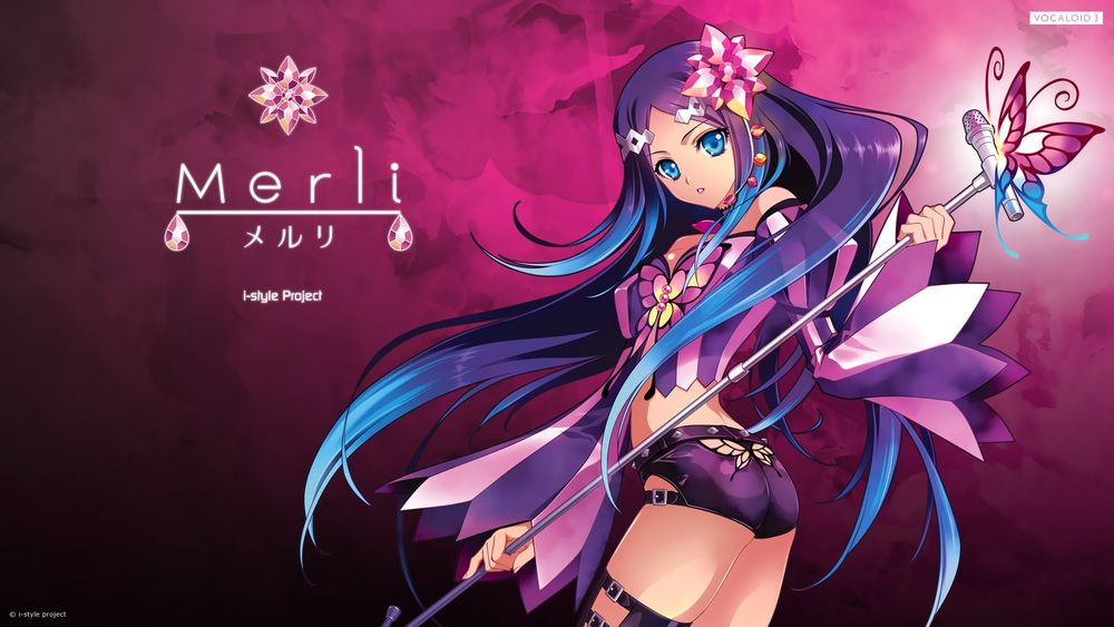 Обои для рабочего стола Vocaloid Merli / Вокалоид Мерли держит в руке микрофон, на котором сидит бабочка, art by CARNELIAN