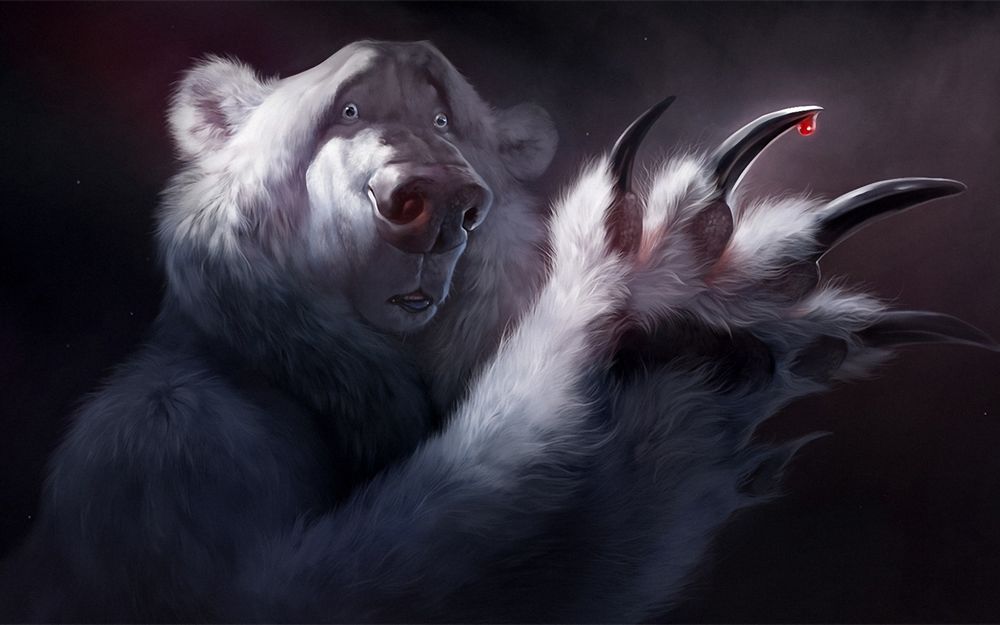 Обои для рабочего стола Белый медведь с удивлением смотрит на свисающую с его когтя каплю крови, художница therese larsson